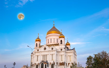 Night view of the Cathedral with the super moon, Moscow, Russiaの写真素材