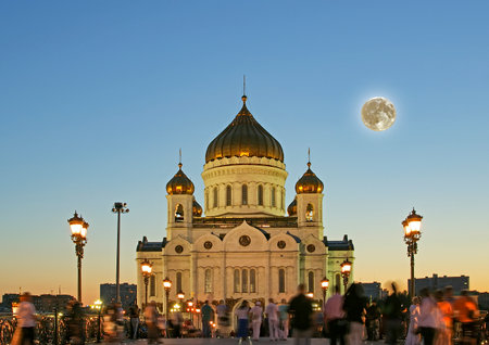 Night view of the Christ the Savior Cathedral with the super moon, Moscow, Russiaの写真素材