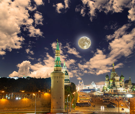 Night view of the Moscow Kremlin, Russia (the most popular view). Against the background of a beautiful sky with the moonの写真素材