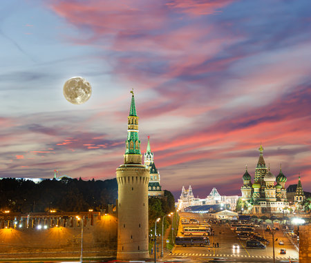 Night view of the Moscow Kremlin, Russia (the most popular view). Against the background of a beautiful sky with the moonの写真素材