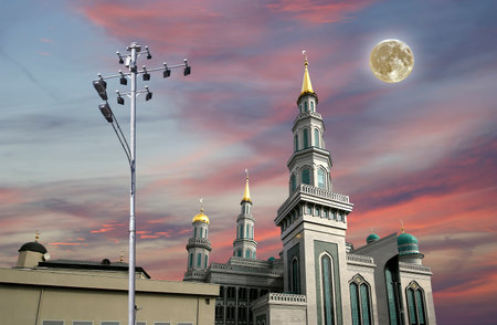 Moscow Cathedral Mosque, with the super moon, Russia -- the main mosque in Moscow, new landmarkの写真素材