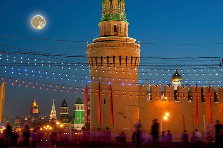 Night view of the Moscow Kremlin, Russia (the most popular view). Against the background of a beautiful sky with the moonの写真素材