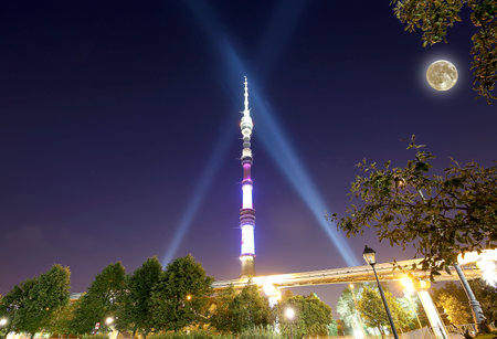 Television (Ostankino) tower at night (with the super moon), Moscow, Russiaの写真素材
