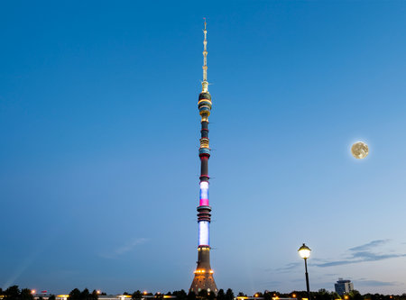 Television (Ostankino) tower at night (with the super moon), Moscow, Russiaの写真素材
