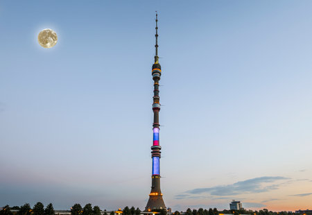 Television (Ostankino) tower at night (with the super moon), Moscow, Russiaの写真素材
