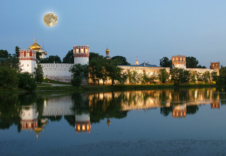 Novodevichy Convent (at night, with the super moon), also known as Bogoroditse-Smolensky Monastery, Moscow, Russiaの写真素材