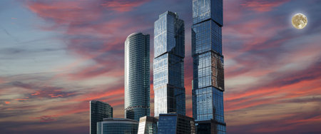 Skyscrapers International Business Center (City) at sunset with the super moon, Moscow, Russia
