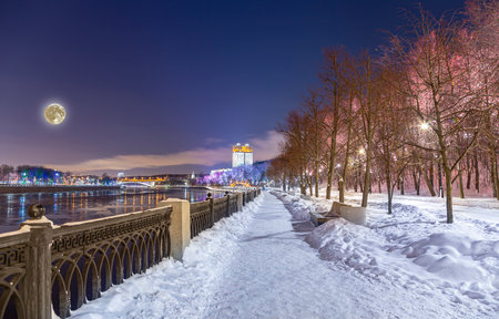 Christmas (New Year holidays) decoration in Moscow (at night, with the super moon), Russia-- Andreevskaya (Andreevsky) embankmentの写真素材