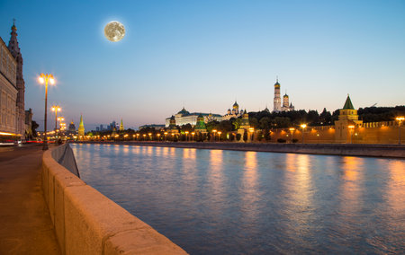 Night view of the Moskva River and Kremlin, Russia, Moscow (most popular view). Against the background of a beautiful sky with cloudsの写真素材
