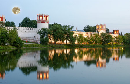 Novodevichy Convent (at night, with the super moon), also known as Bogoroditse-Smolensky Monastery, Moscow, Russiaの写真素材