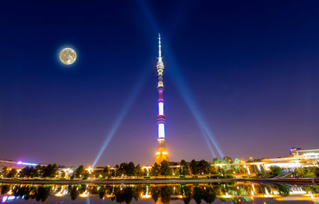 Television (Ostankino) tower at night (with the super moon), Moscow, Russiaの写真素材