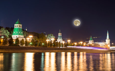 Night view of the Moskva River and Kremlin, Russia, Moscow (most popular view). Against the background of a beautiful sky with cloudsの写真素材