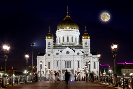 Night view of the Christ the Savior Cathedral with the super moon, Moscow, Russiaの写真素材