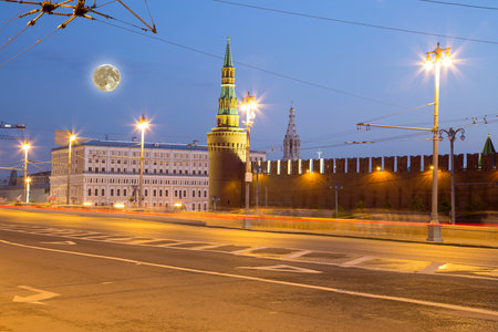 Night view of the Moscow Kremlin, Russia. Against the background of a beautiful sky with the moonの写真素材