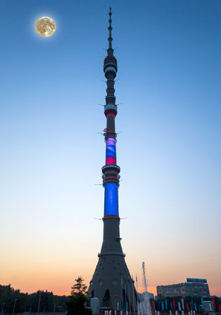 Television (Ostankino) tower at night (with the super moon), Moscow, Russiaの写真素材