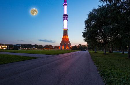 Television (Ostankino) tower at night (with the super moon), Moscow, Russiaの写真素材
