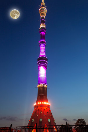 Television (Ostankino) tower at night (with the super moon), Moscow, Russiaの写真素材