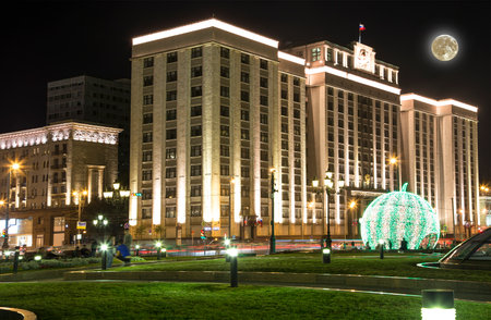 Building of The State Duma of the Federal Assembly of the Russian Federation (at night, with the super moon), Moscow, Russiaの写真素材