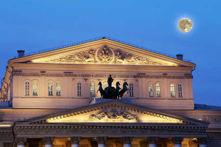 Bolshoi Theater (Large, Great or Grand Theatre, also spelled Bolshoy) at night, with the super moon, Moscow, Russiaの写真素材