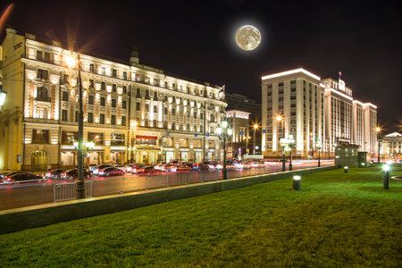 Building of The State Duma of the Federal Assembly of the Russian Federation (at night, with the super moon), Moscow, Russiaの写真素材