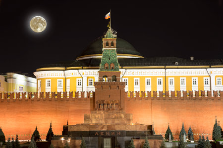 Night view of the Moscow Kremlin, Russia (the most popular view). Against the background of a beautiful sky with the moonの写真素材
