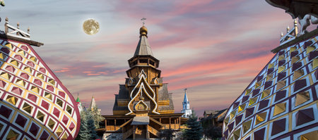 Church of St. Nicholas in Izmailovsky Kremlin (Kremlin in Izmailovo) with the super moon, Moscow, Russia. The new church, built in the traditions of Russian wooden architectureの写真素材