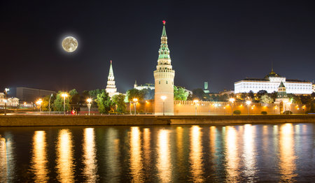 Night view of the Moskva River and Kremlin, Russia, Moscow (most popular view). Against the background of a beautiful sky with clouds, with the moonの写真素材