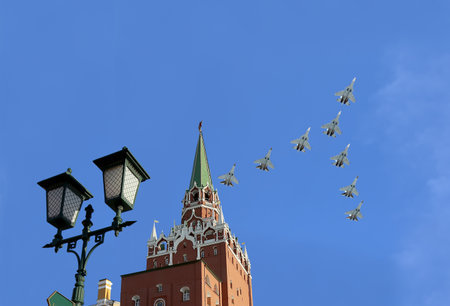 Moscow Kremlin, Russia -- Victory Day celebration (WWII), and Russian military aircraft, Russiaの写真素材