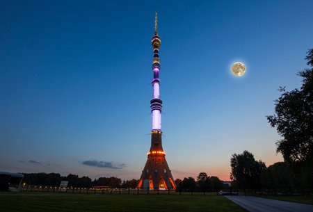 Television (Ostankino) tower at night (with the super moon), Moscow, Russiaの写真素材