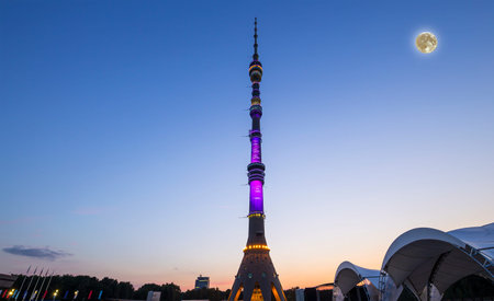 Television (Ostankino) tower at night (with the super moon), Moscow, Russia