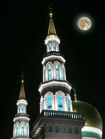 Moscow Cathedral Mosque, with the super moon, Russia -- the main mosque in Moscow, new landmarkの写真素材