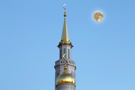 Moscow Cathedral Mosque, with the super moon, Russia -- the main mosque in Moscow, new landmarkの写真素材