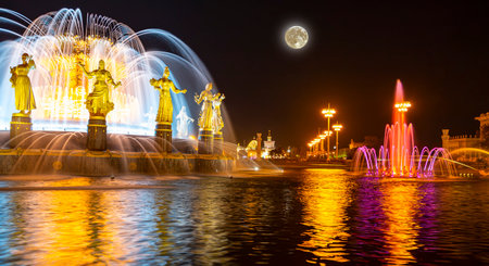 Fountain Friendship of Nations at night, with the super moon (1951-54, architects K. Topuridze and G. Konstantinovsky) - VDNKH (All-Russia Exhibition Centre), Moscow, Russiaの写真素材