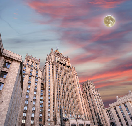 Ministry of Foreign Affairs of the Russian Federation at night with the super moon, Smolenskaya Square, Moscow, Russiaの写真素材