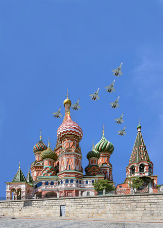 Temple of Basil the Blessed and Russian military aircraft in the sky, Air parade in honor of Victory...