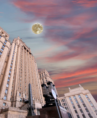 Ministry of Foreign Affairs of the Russian Federation at night with the super moon, Smolenskaya Square, Moscow, Russiaの写真素材