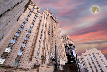 Ministry of Foreign Affairs of the Russian Federation at night with the super moon, Smolenskaya Square, Moscow, Russiaの写真素材