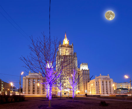 Ministry of Foreign Affairs of the Russian Federation at night with the super moon, Smolenskaya Square, Moscow, Russiaの写真素材