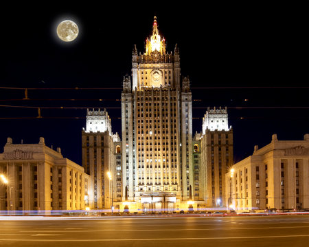 Ministry of Foreign Affairs of the Russian Federation at night with the super moon, Smolenskaya Square, Moscow, Russiaの写真素材