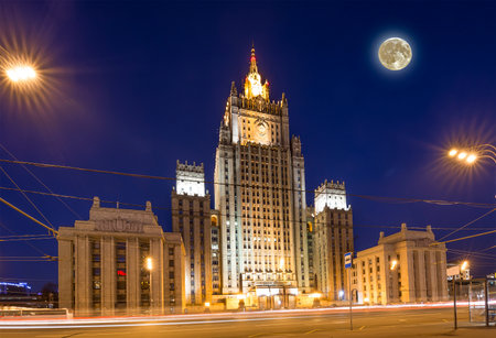 Ministry of Foreign Affairs of the Russian Federation at night with the super moon, Smolenskaya Square, Moscow, Russiaの写真素材