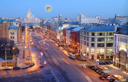 Night view with the super moon of the Moscow from a high point (an observation deck on the building of the Central Children's Store), Russiaの写真素材