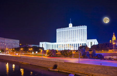 House of Government in Moscow, Russia, at night (with the super moon). Inscription on the facade means "House of the Government of the Russian Federation"の写真素材