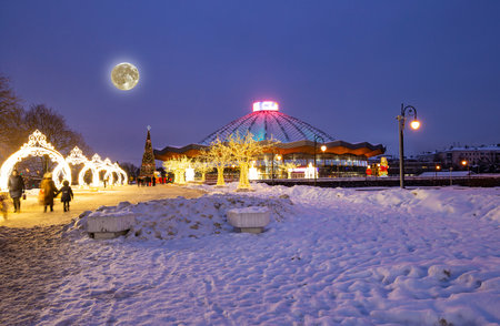 Christmas (New Year holidays) decoration in Moscow (at night, with the super moon), Russia-- near the Big Moscow Circus on Vernadskogo Prospektの写真素材
