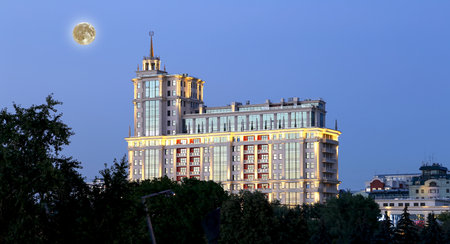 President Hotel in Moscow, Russia (at night with the super moon)の写真素材