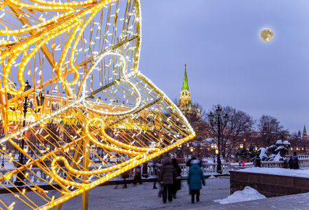 Christmas (New Year holidays) decoration in Moscow (at night with the super moon), Russia-- Manege Square near the Kremlinの写真素材