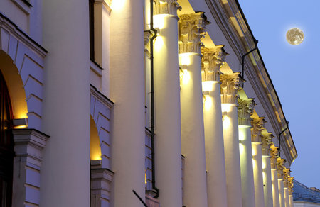 Gostiny Dvor (Historical building) on Varvarka street at night, with the super moon, Moscow, Russia