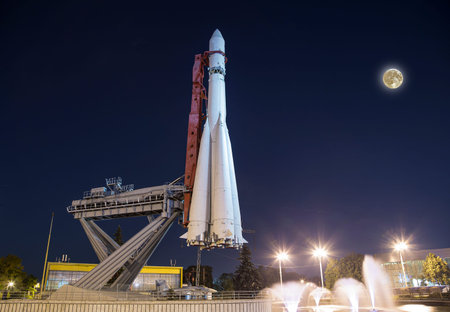 Soviet Space launch vehicle Vostock in VDNKh exhibition (called also All-Russian Exhibition Center)...