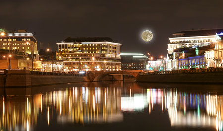 Moscow Center, night view (panorama) on the drain channel with Luzhkov (Tretyakov) bridge, with the super moonの写真素材