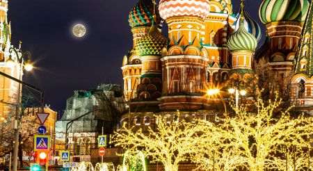 Saint Basil cathedral (Temple of Basil the Blessed) and Christmas (New Year holidays) decoration,...