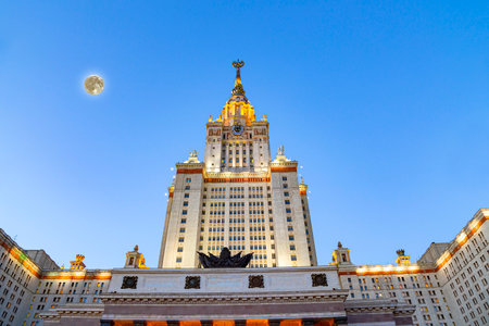 Lomonosov Moscow State University on Sparrow Hills (at night with the super moon), main building, Russia. It is the highest-ranking Russian educational institutionの写真素材